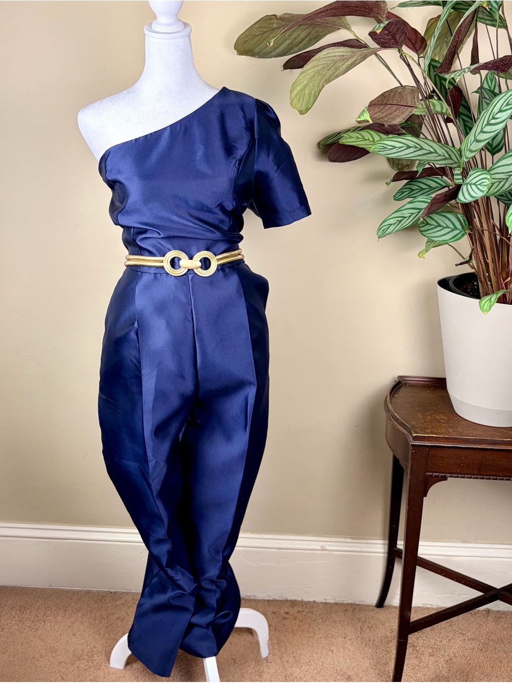 Lulu's Navy One-Shoulder Satin Jumpsuit